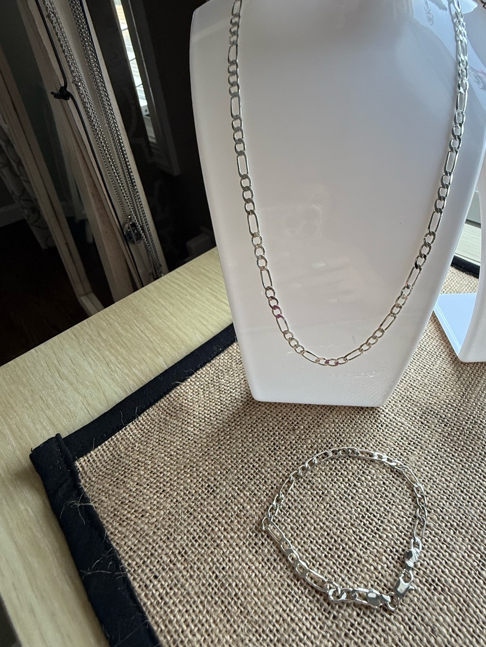 Sterling Silver Figaro Chain Necklace and Bracelet Set - Silver